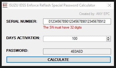 ISUZU E-I-IDSS Enforce Reflash Password Calculator